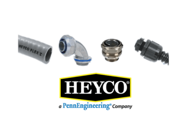 An array of Heyco® flexible conduits on a white background, with the Heyco® logo centered underneath.