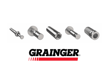 An array of Grainger brand concrete anchors centered on a white background with the Grainger logo centered beneath it.