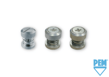 Three PEM® Captive Panel Screws on a white background with the PEM® logo in the bottom right-hand corner.