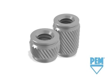 Two PEM® CASTSERT™ press-in threaded inserts centered on a white background.
