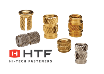 An array of SI Threaded inserts on a white background, with the HTF logo in the bottom left-hand corner.